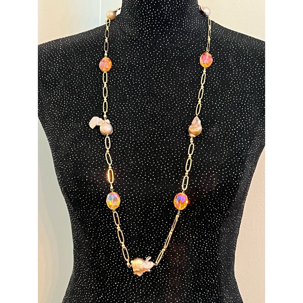 Cultured Freshwater Biwa Pearl Necklace w/Crystals and 38” Gold-tonedChain NWOT